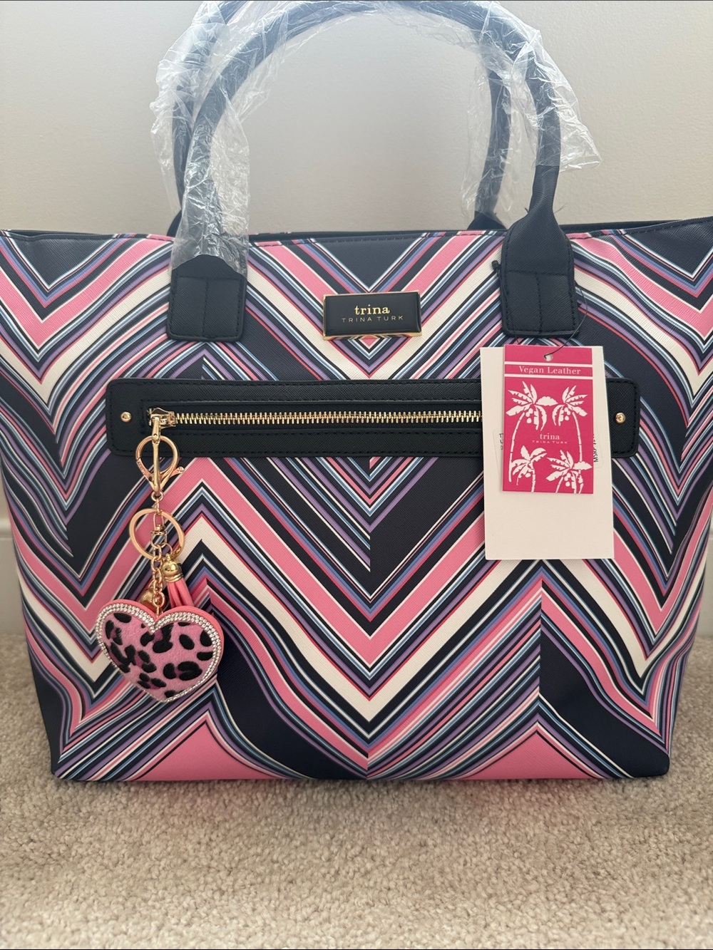 NWT Trina Turk Pink Navy Chevron Tote